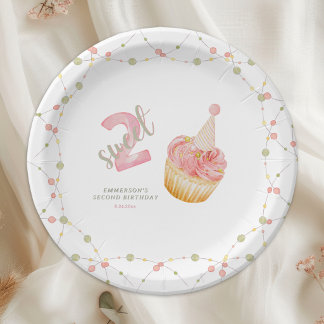 Two Sweet Cute Cupcake 2nd Birthday Paper Plates