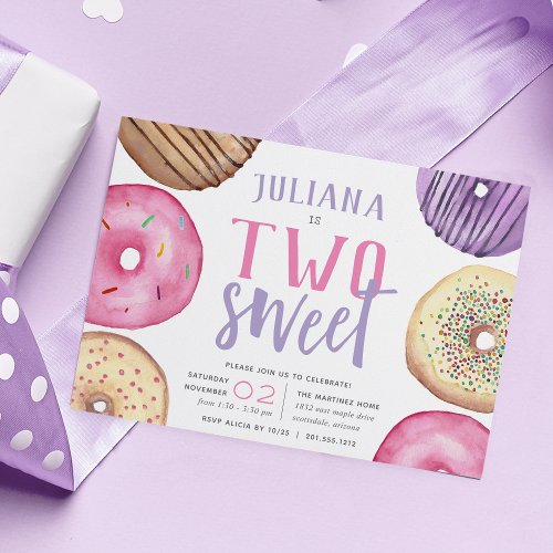 Two Sweet  Cute Donut Birthday Party Invitation