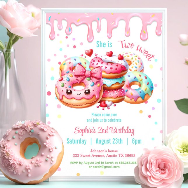 Two Sweet Cute Donut Pink Girl 2nd Birthday Invitation (Two Sweet Cute Donut Pink Girl 2nd Birthday Invitation)