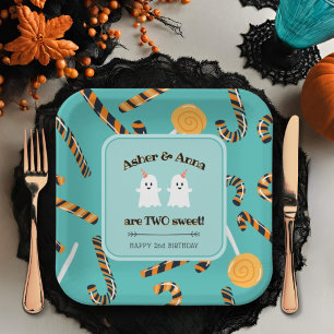 Two Sweet Cute Ghost Twin Halloween Happy Birthday Paper Plates