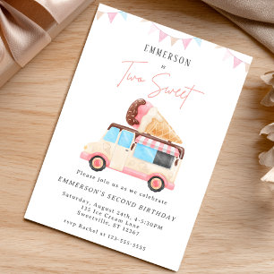 Two Sweet Cute Ice Cream Truck 2nd Birthday Invitation