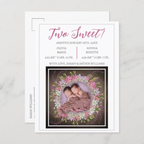 Two Sweet Cute Pink Modern Twin Girls Birth Announ Announcement Postcard