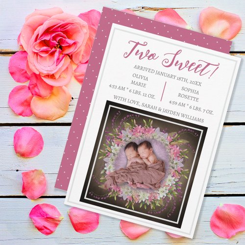Two Sweet Cute Pink Modern Twin Girls Birth Announcement