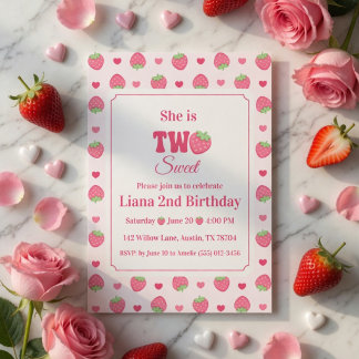 Two Sweet Cute Pink Strawberry Girl 2nd Birthday Invitation