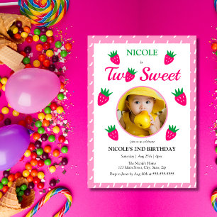 Two Sweet Cute Strawberry Girl Photo 2nd Birthday Invitation