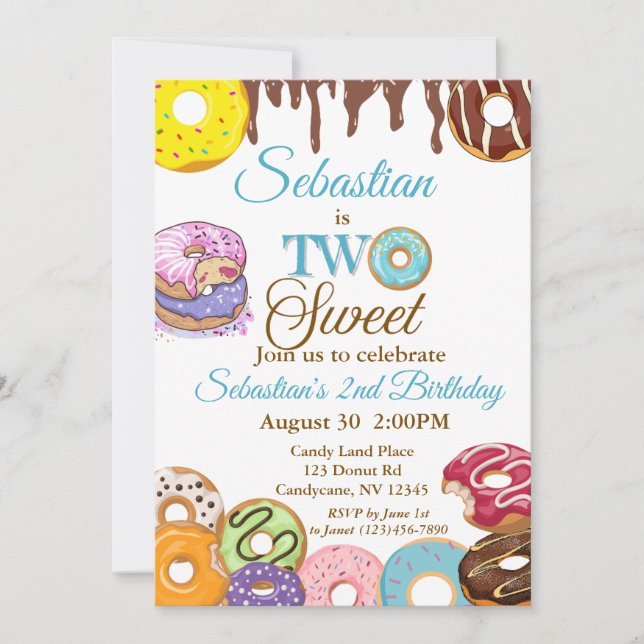 "TWO Sweet" Donut 2nd Birthday Invitation (Front)