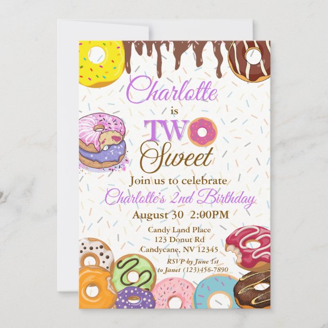 "TWO Sweet" Donut 2nd Birthday Invitation (Front)