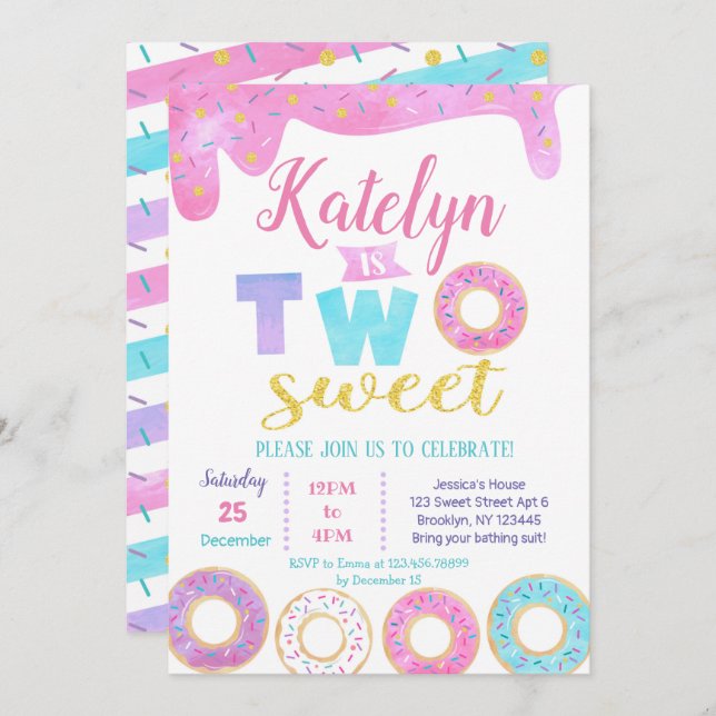 Two Sweet Donut 2nd Birthday Invitations (Front/Back)