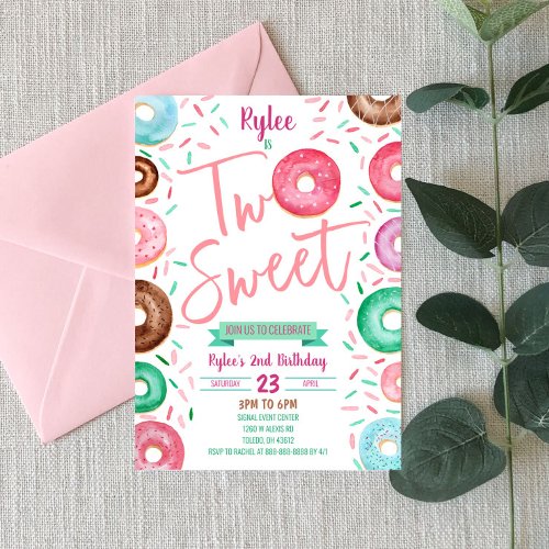 Two Sweet Donut 2nd Birthday Party Invitation