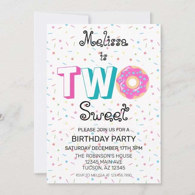 Two Sweet Donut 2nd Birthday Party Invitation (Front)