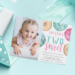Two Sweet | Donut 2nd Birthday Party Photo Invitation<br><div class="desc">Cute second birthday party invitations feature "[name] is two sweet" with your party details beneath,  surrounded by watercolor donut illustrations in neutrals,  pink,  and purple. Add a photo of the birthday girl to complete this sweet and whimsical design.</div>