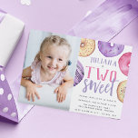 Two Sweet | Donut 2nd Birthday Party Photo Invitation<br><div class="desc">Cute second birthday party invitations feature "[name] is two sweet" with your party details beneath,  surrounded by watercolor donut illustrations in neutrals,  pink,  and purple. Add a photo of the birthday girl to complete this sweet and whimsical design.</div>
