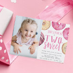 Two Sweet | Donut 2nd Birthday Party Photo Invitation<br><div class="desc">Cute second birthday party invitations feature "[name] is two sweet" with your party details beneath,  surrounded by watercolor donut illustrations in shades of pink. Add a photo of the birthday girl to complete this sweet and whimsical design.</div>