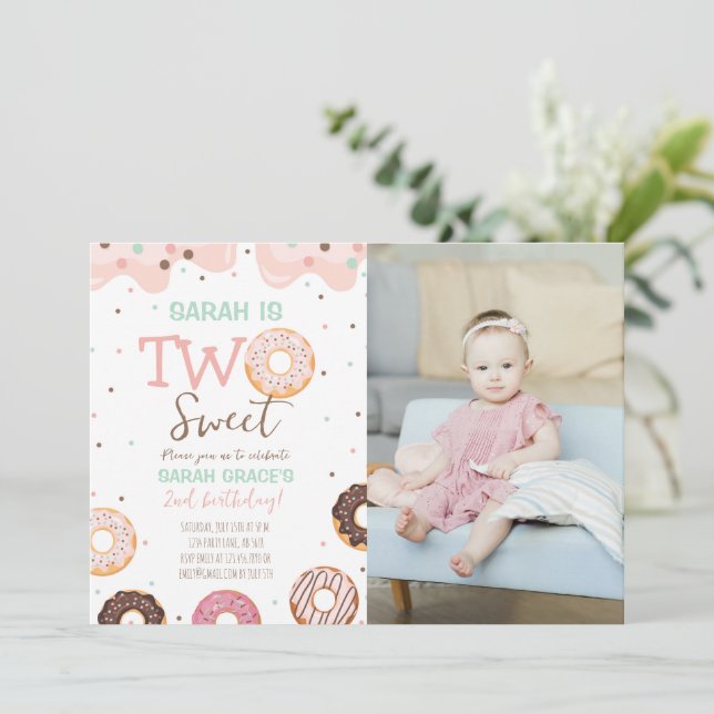 Two Sweet Donut 2nd Birthday White Photo Invitation (Standing Front)