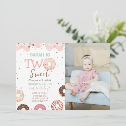 Two Sweet Donut 2nd Birthday White Photo Invitation