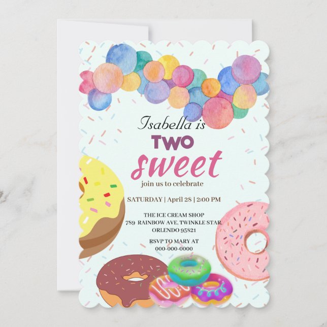 Two Sweet Donut and Balloon 2nd Birthday Girl  Invitation (Front)