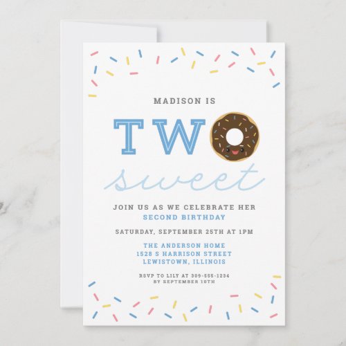 Two Sweet Donut and Sprinkles Blue 2nd Birthday Invitation