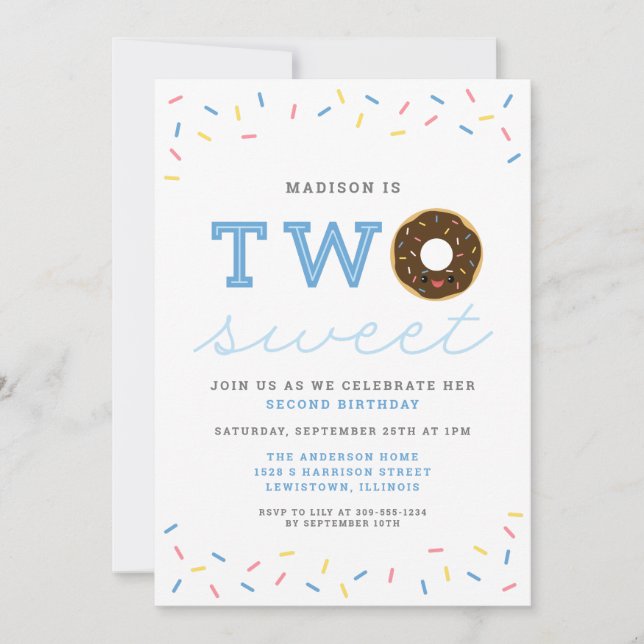 Two Sweet Donut and Sprinkles (Blue) 2nd Birthday Invitation (Front)