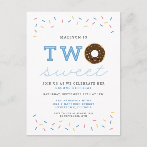 Two Sweet Donut and Sprinkles Blue 2nd Birthday Invitation Postcard