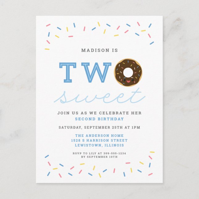 Two Sweet Donut and Sprinkles Blue 2nd Birthday Invitation Postcard (Front)