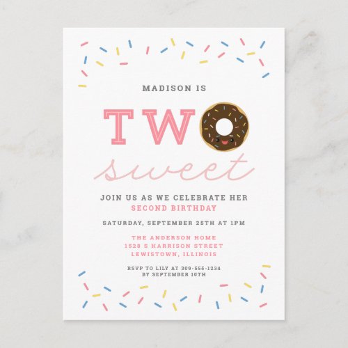 Two Sweet Donut and Sprinkles Pink 2nd Birthday Invitation Postcard