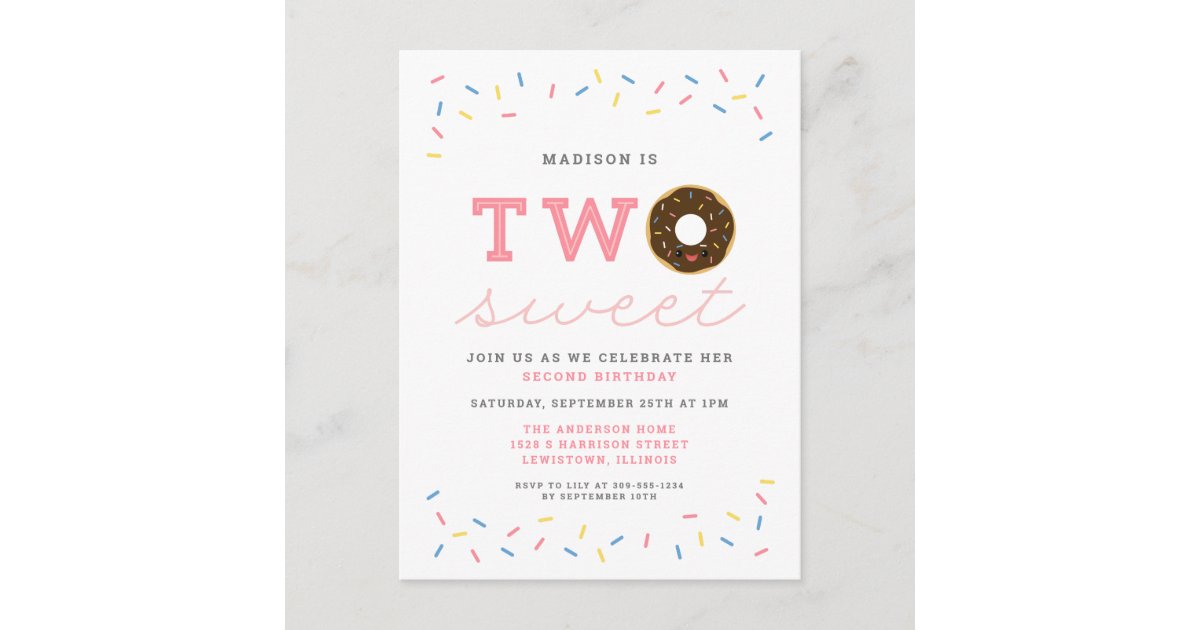 Two Sweet Donut And Sprinkles Pink 2nd Birthday Invitation Postcard
