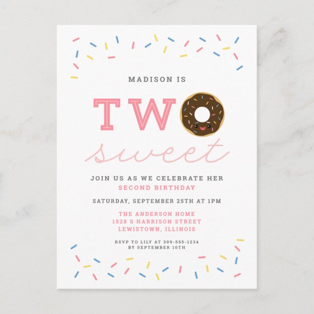 Two Sweet Donut and Sprinkles Pink 2nd Birthday Invitation Postcard (Front)