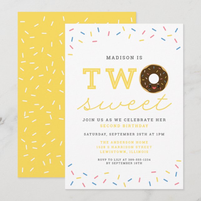 Two Sweet Donut and Sprinkles Yellow 2nd Birthday Invitation (Front/Back)