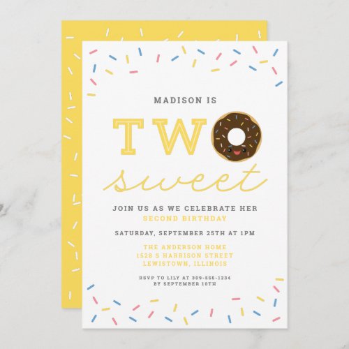 Two Sweet Donut and Sprinkles Yellow 2nd Birthday Invitation
