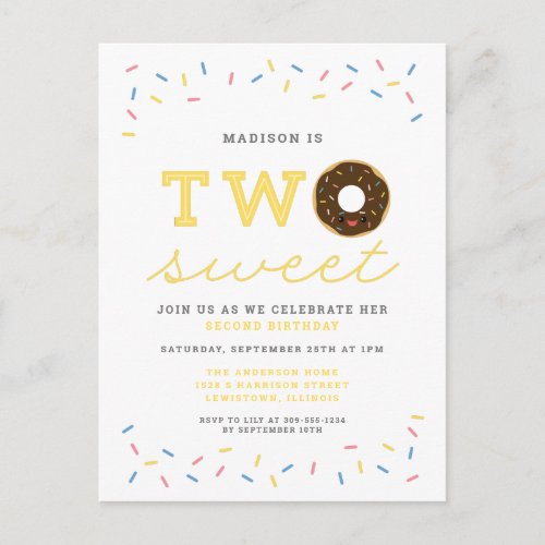 Two Sweet Donut and Sprinkles Yellow 2nd Birthday Invitation Postcard