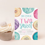 Two Sweet | Donut Birthday Party Invitation<br><div class="desc">Cute dessert themed second birthday party invitations feature "[Name] is two sweet" in the center with your party details beneath,  surrounded by watercolor donut illustrations in neutrals,  pink,  and aqua.</div>