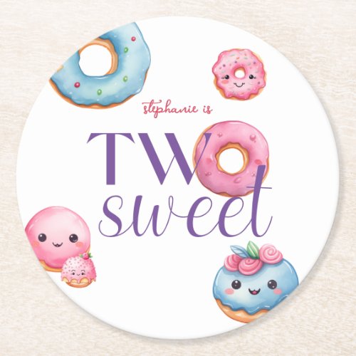 Two Sweet Donut Birthday Party Round Paper Coaster