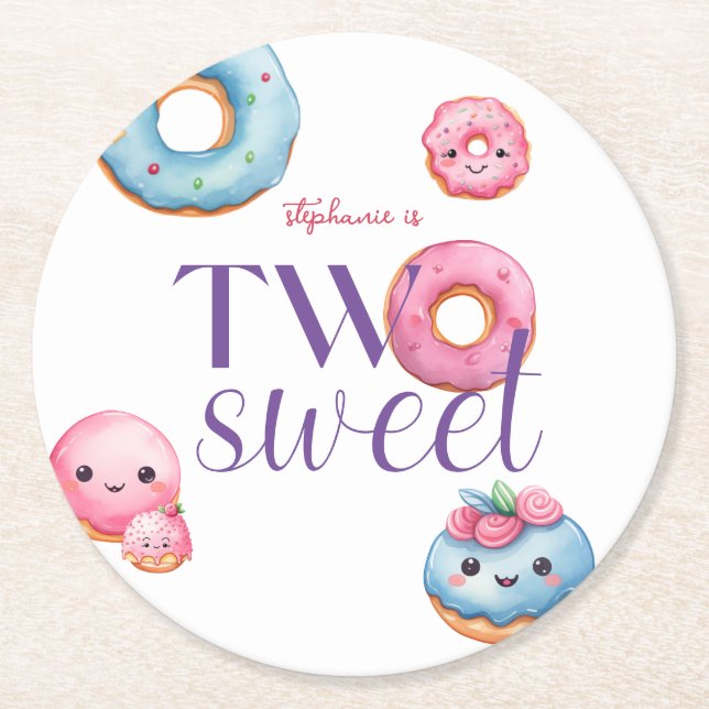 Two Sweet Donut Birthday Party Round Paper Coaster (Front)