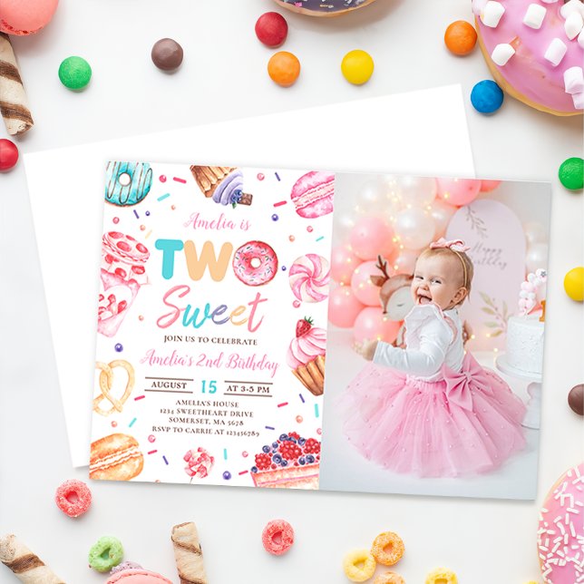 Two Sweet Donut Candy 2nd Birthday Photo Invitation (Creator Uploaded)