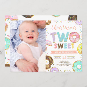 Two Sweet Donut Girl 2nd Birthday Custom photo Invitation