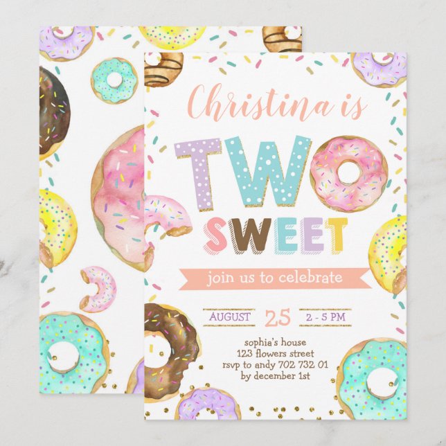 Two Sweet Donut Girl 2nd Birthday Sprinkles Invitation (Front/Back)