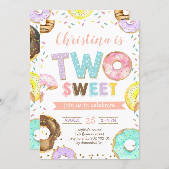Two Sweet Donut Girl 2nd Birthday Sprinkles Invitation