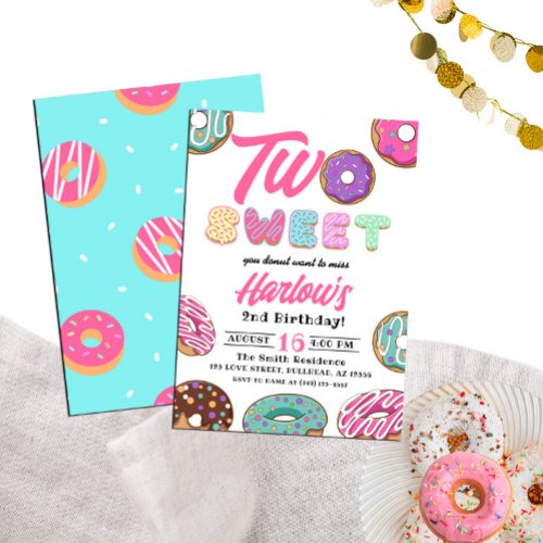 Two Sweet Donut Girls 2nd Birthday Invitation