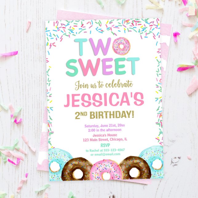 Two sweet donut sprinkles 2nd birthday party girl invitation
