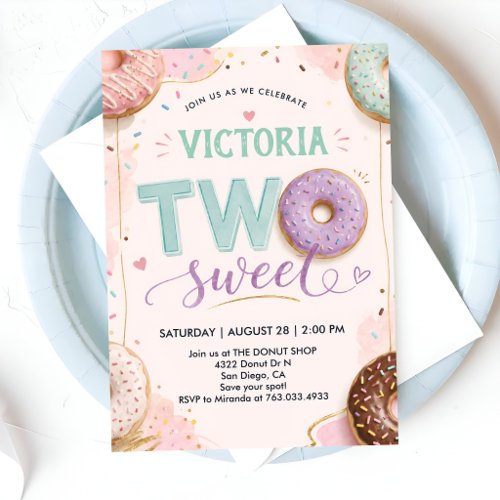 Two Sweet Donut Sprinkles 2nd Birthday Party Invitation