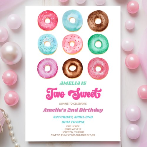 Two Sweet Donut Sprinkles 2nd Birthday Party Invitation