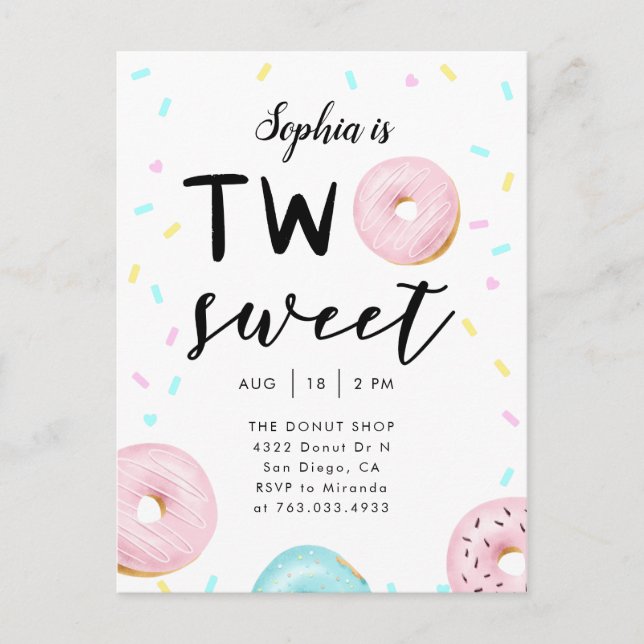 Two Sweet Donut Sprinkles 2nd Birthday Party Invitation Postcard (Front)