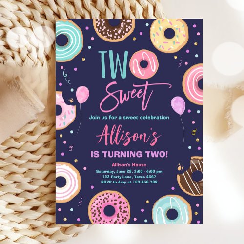 Two Sweet Donut Watercolor Girl Second Birthday In Invitation