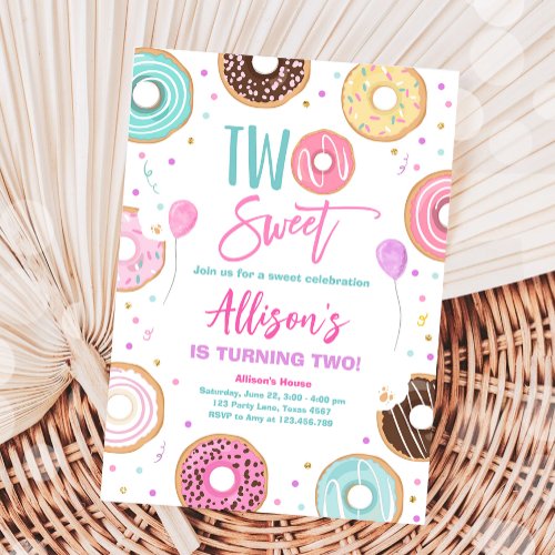 Two Sweet Donut Watercolor Girl Second Birthday Invitation