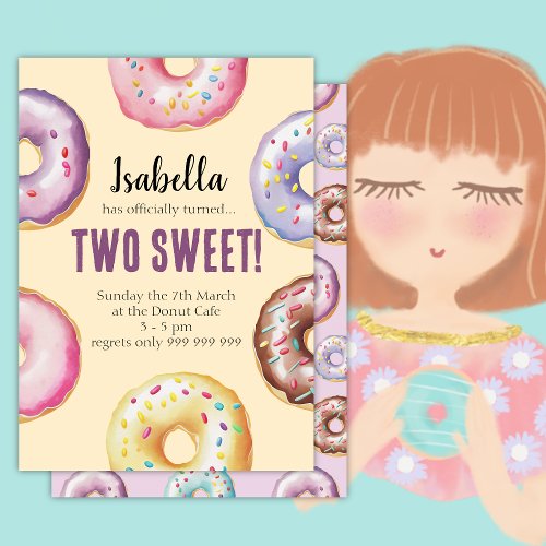 Two Sweet Donut Watercolor Girls Birthday  Invitation