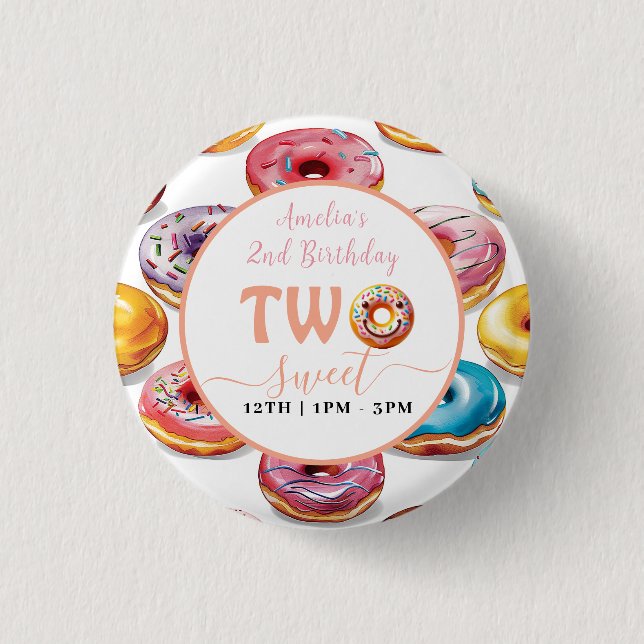Two Sweet Donuts 2nd Birthday party Button (Front)