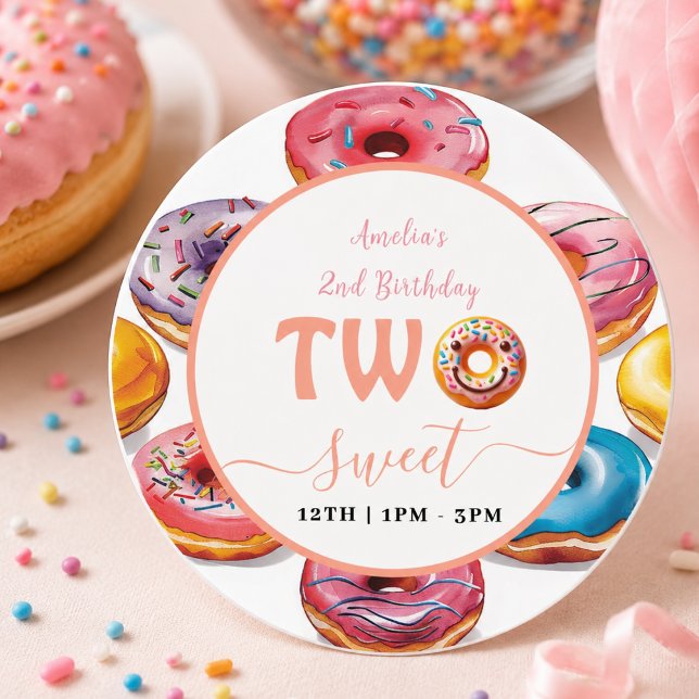 Two Sweet Donuts 2nd Birthday party Classic Round Sticker (Two Sweet Donuts 2nd Birthday party Classic Round Sticker)