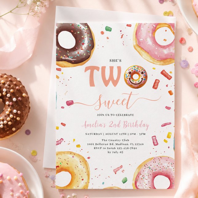 Two Sweet Donuts 2nd Birthday party Invitation (Two Sweet Donuts 2nd Birthday party Invitation)