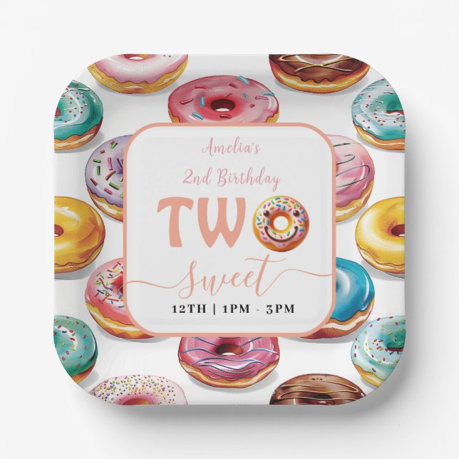 Two Sweet Donuts 2nd Birthday party Paper Plates (Front)