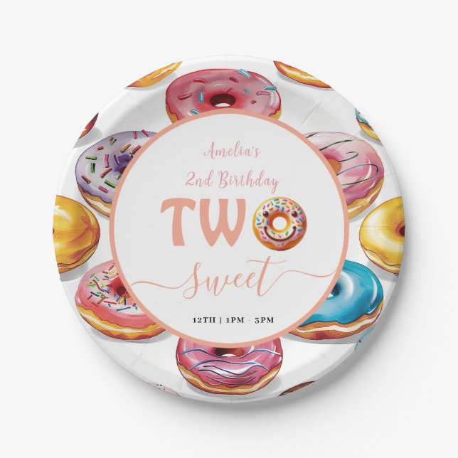 Two Sweet Donuts 2nd Birthday party Paper Plates (Front)
